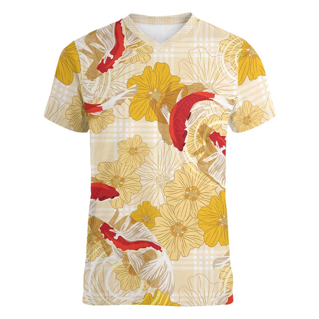 Beige Palaka Hawaii Aloha Women V-Neck T-Shirt Koi Pond Mix Ilima Flowers - Polynesian Pride