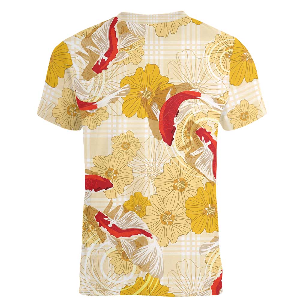 Beige Palaka Hawaii Aloha Women V-Neck T-Shirt Koi Pond Mix Ilima Flowers LT7 - Polynesian Pride