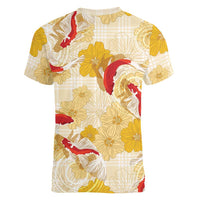 Beige Palaka Hawaii Aloha Women V-Neck T-Shirt Koi Pond Mix Ilima Flowers LT7 - Polynesian Pride