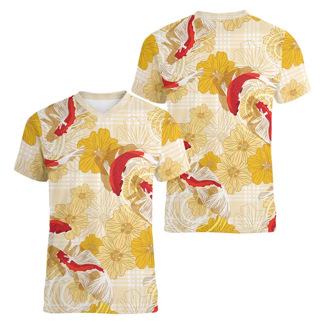 Beige Palaka Hawaii Aloha Women V-Neck T-Shirt Koi Pond Mix Ilima Flowers LT7 - Polynesian Pride