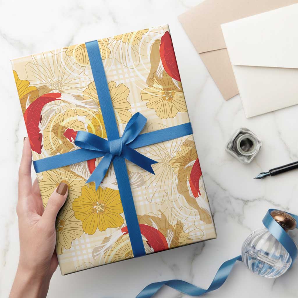 Beige Palaka Hawaii Aloha Wrapping Paper Koi Pond Mix Ilima Flowers