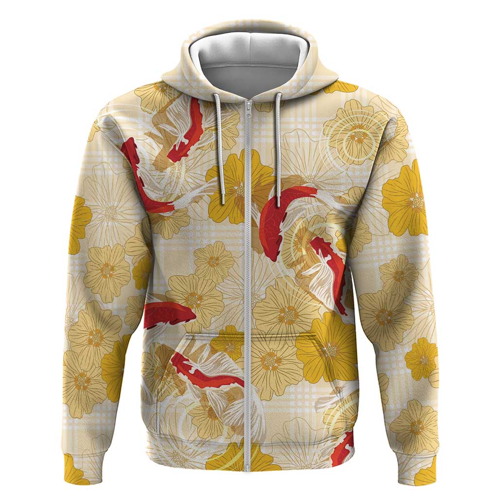 Beige Palaka Hawaii Aloha Zip Hoodie Koi Pond Mix Ilima Flowers LT7 Zip Hoodie Cream Yellow - Polynesian Pride