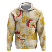 Beige Palaka Hawaii Aloha Zip Hoodie Koi Pond Mix Ilima Flowers LT7 Zip Hoodie Cream Yellow - Polynesian Pride