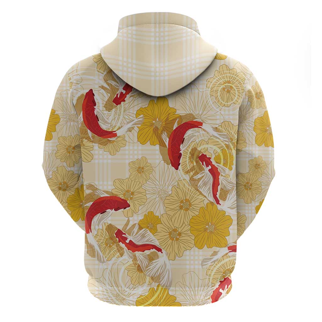 Beige Palaka Hawaii Aloha Zip Hoodie Koi Pond Mix Ilima Flowers LT7 - Polynesian Pride