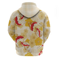 Beige Palaka Hawaii Aloha Zip Hoodie Koi Pond Mix Ilima Flowers LT7 - Polynesian Pride