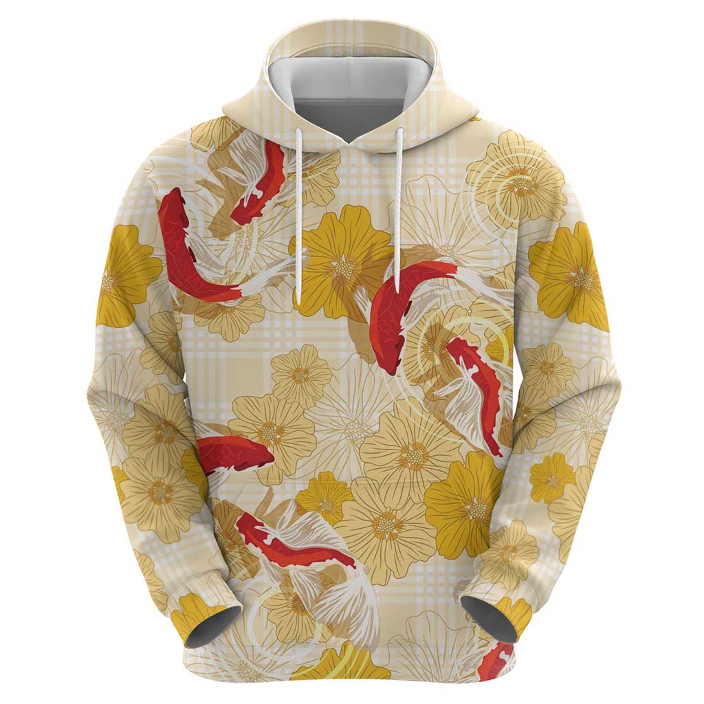 Beige Palaka Hawaii Aloha Zip Hoodie Koi Pond Mix Ilima Flowers LT7 - Polynesian Pride