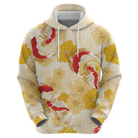 Beige Palaka Hawaii Aloha Zip Hoodie Koi Pond Mix Ilima Flowers LT7 - Polynesian Pride