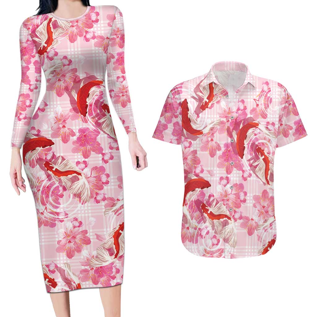 Pink Palaka Hawaii Aloha Couples Matching Long Sleeve Bodycon Dress and Hawaiian Shirt Koi Pond Mix Sakura LT7 Pink - Polynesian Pride