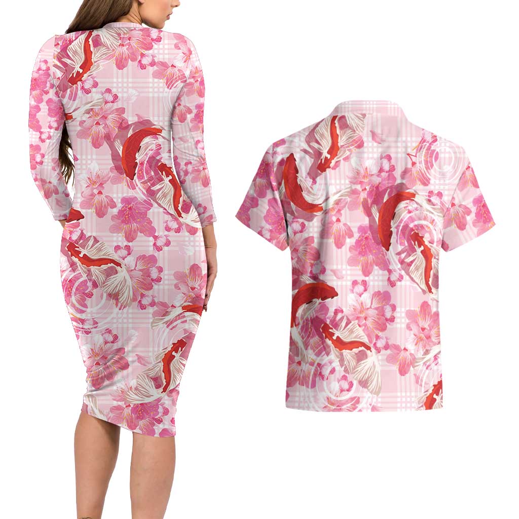 Pink Palaka Hawaii Aloha Couples Matching Long Sleeve Bodycon Dress and Hawaiian Shirt Koi Pond Mix Sakura LT7 - Polynesian Pride