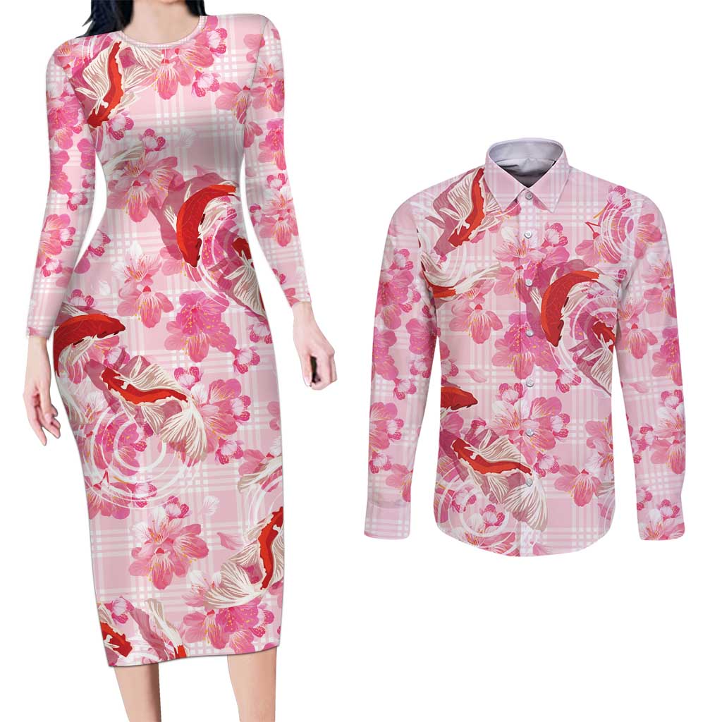 Pink Palaka Hawaii Aloha Couples Matching Long Sleeve Bodycon Dress and Long Sleeve Button Shirt Koi Pond Mix Sakura LT7 Pink - Polynesian Pride