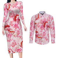 Pink Palaka Hawaii Aloha Couples Matching Long Sleeve Bodycon Dress and Long Sleeve Button Shirt Koi Pond Mix Sakura LT7 Pink - Polynesian Pride