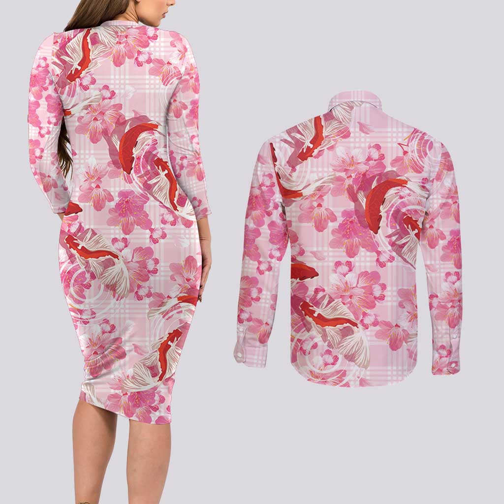 Pink Palaka Hawaii Aloha Couples Matching Long Sleeve Bodycon Dress and Long Sleeve Button Shirt Koi Pond Mix Sakura LT7 - Polynesian Pride