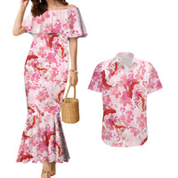 Pink Palaka Hawaii Aloha Couples Matching Mermaid Dress and Hawaiian Shirt Koi Pond Mix Sakura LT7 Pink - Polynesian Pride