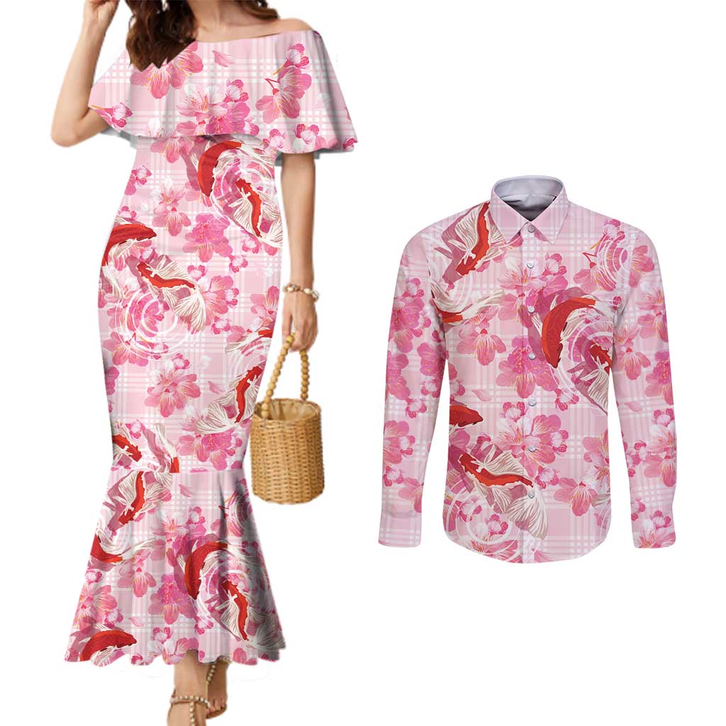 Pink Palaka Hawaii Aloha Couples Matching Mermaid Dress and Long Sleeve Button Shirt Koi Pond Mix Sakura LT7 Pink - Polynesian Pride