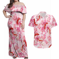 Pink Palaka Hawaii Aloha Couples Matching Off Shoulder Maxi Dress and Hawaiian Shirt Koi Pond Mix Sakura LT7 Pink - Polynesian Pride
