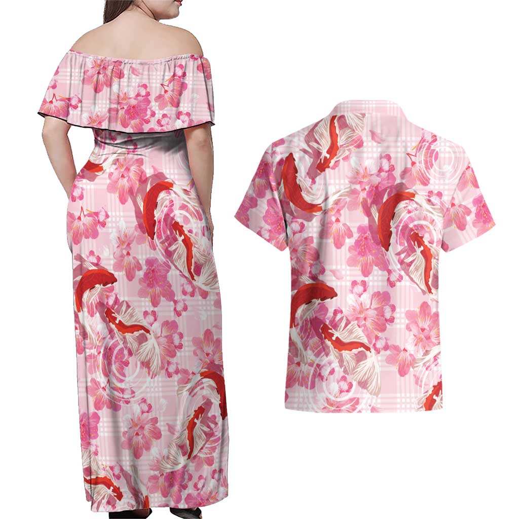 Pink Palaka Hawaii Aloha Couples Matching Off Shoulder Maxi Dress and Hawaiian Shirt Koi Pond Mix Sakura LT7 - Polynesian Pride