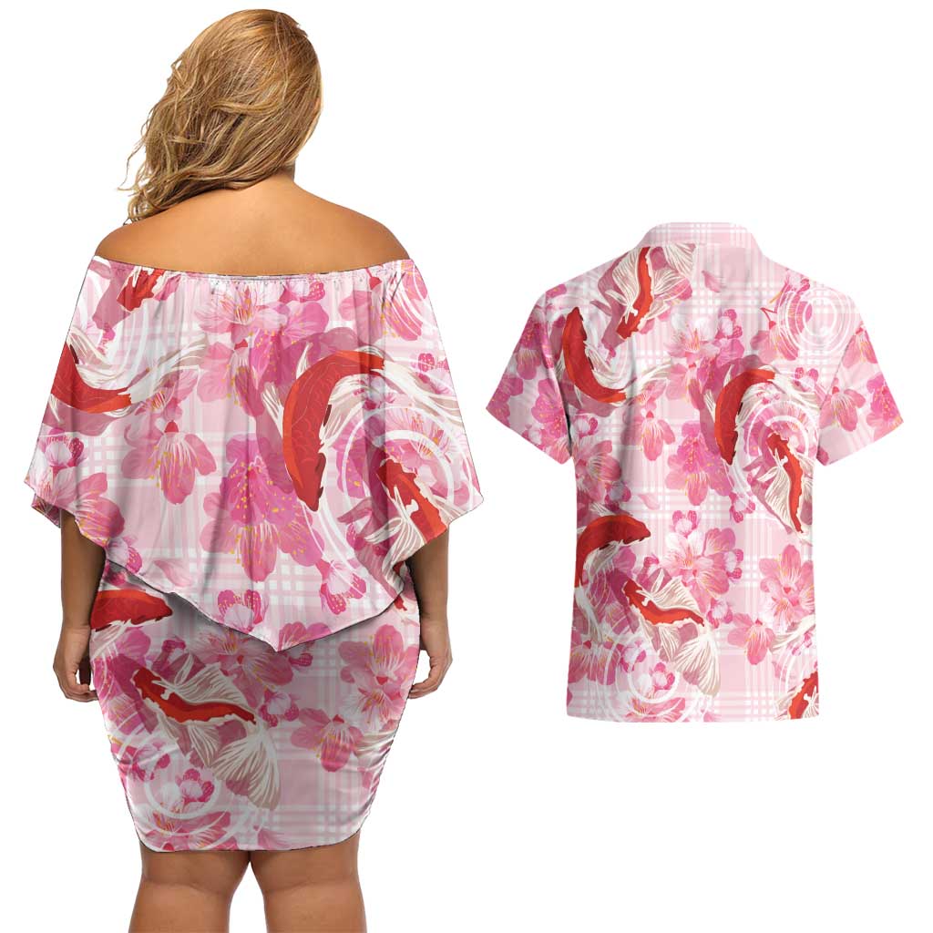 Pink Palaka Hawaii Aloha Couples Matching Off Shoulder Short Dress and Hawaiian Shirt Koi Pond Mix Sakura LT7 - Polynesian Pride