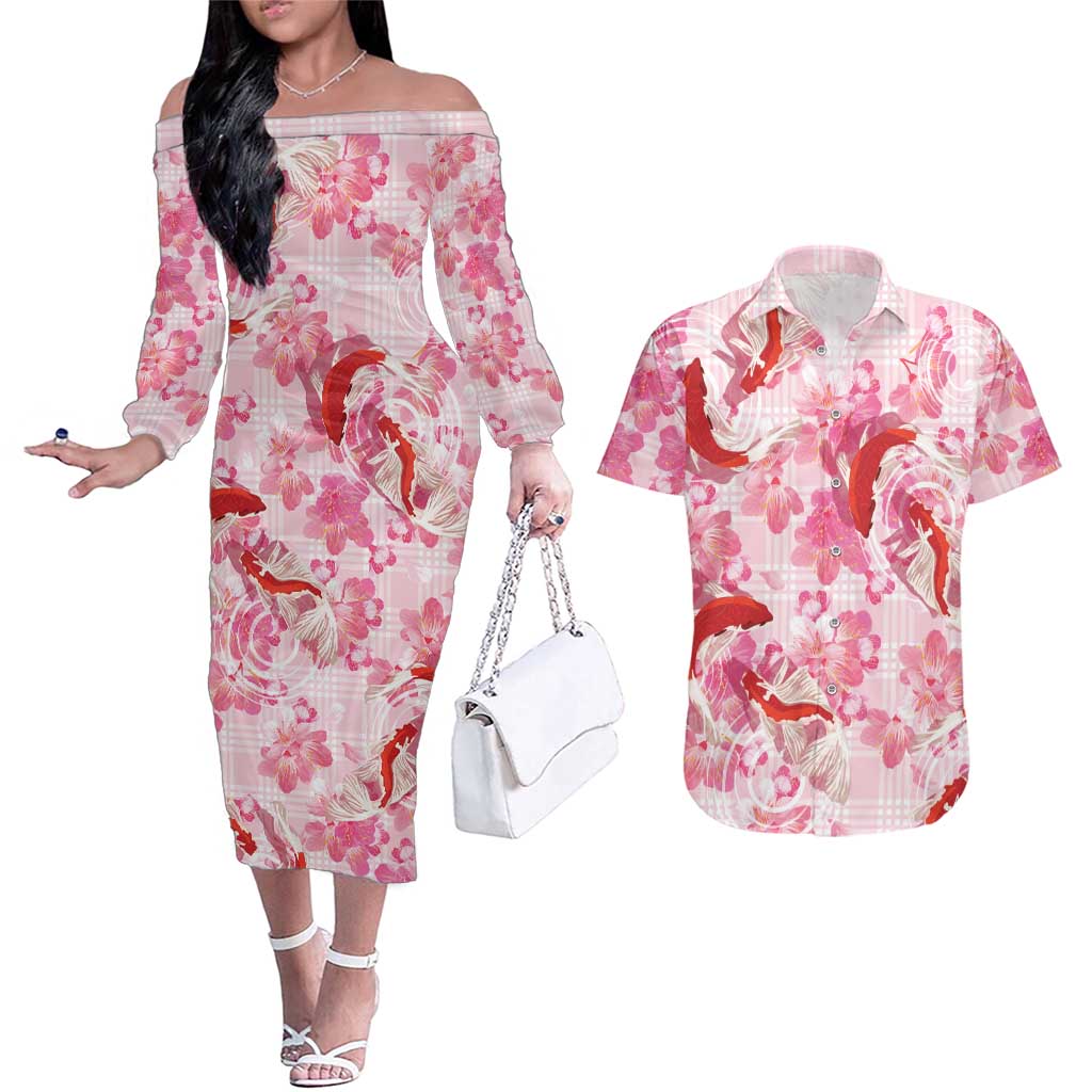 Pink Palaka Hawaii Aloha Couples Matching Off The Shoulder Long Sleeve Dress and Hawaiian Shirt Koi Pond Mix Sakura - Polynesian Pride