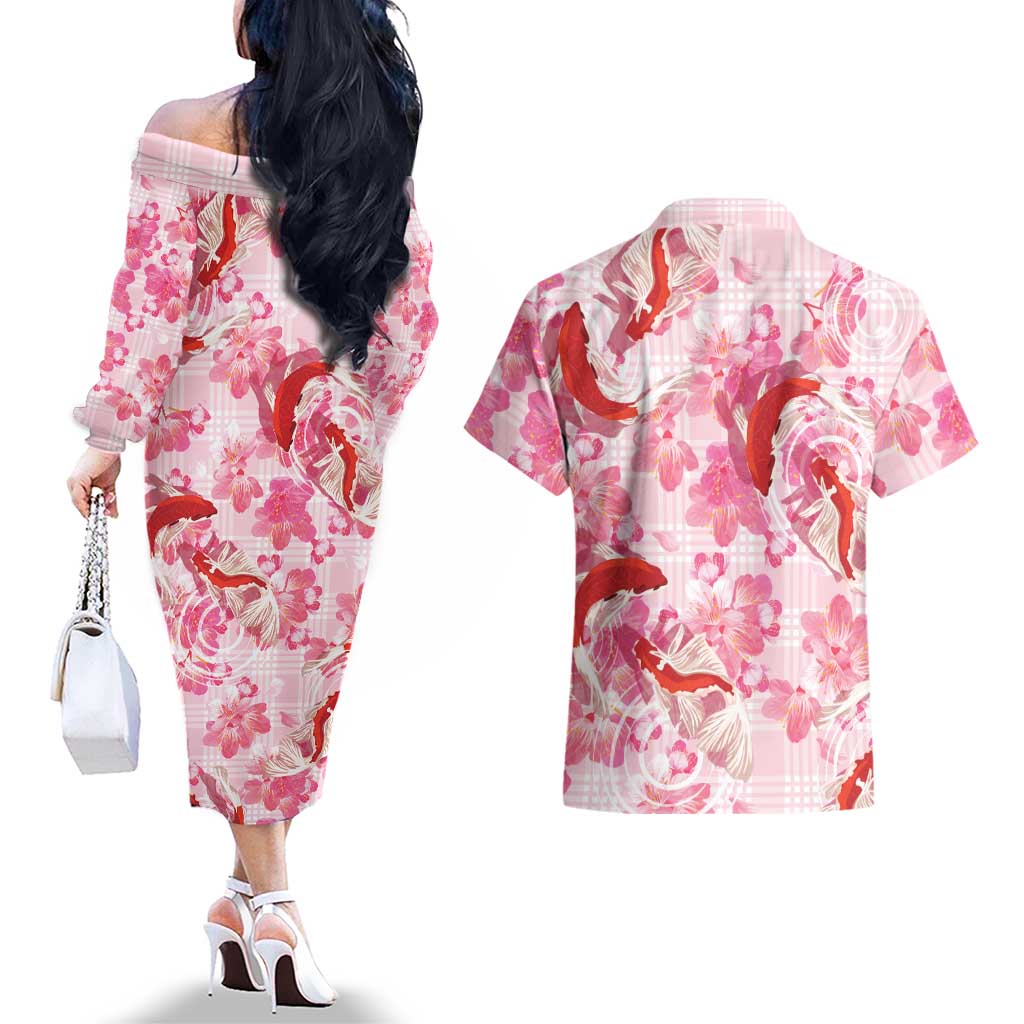 Pink Palaka Hawaii Aloha Couples Matching Off The Shoulder Long Sleeve Dress and Hawaiian Shirt Koi Pond Mix Sakura LT7 - Polynesian Pride
