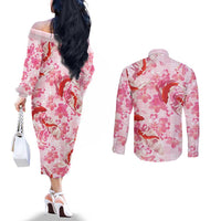 Pink Palaka Hawaii Aloha Couples Matching Off The Shoulder Long Sleeve Dress and Long Sleeve Button Shirt Koi Pond Mix Sakura LT7 - Polynesian Pride