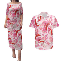 Pink Palaka Hawaii Aloha Couples Matching Puletasi and Hawaiian Shirt Koi Pond Mix Sakura - Polynesian Pride