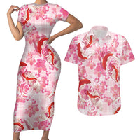 Pink Palaka Hawaii Aloha Couples Matching Short Sleeve Bodycon Dress and Hawaiian Shirt Koi Pond Mix Sakura LT7 Pink - Polynesian Pride