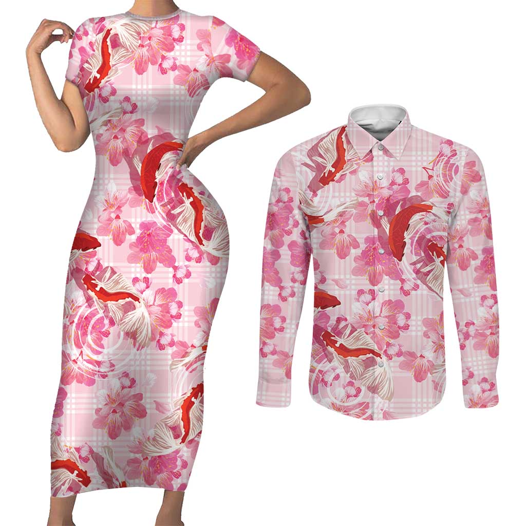 Pink Palaka Hawaii Aloha Couples Matching Short Sleeve Bodycon Dress and Long Sleeve Button Shirt Koi Pond Mix Sakura LT7 Pink - Polynesian Pride