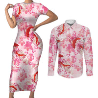 Pink Palaka Hawaii Aloha Couples Matching Short Sleeve Bodycon Dress and Long Sleeve Button Shirt Koi Pond Mix Sakura LT7 Pink - Polynesian Pride