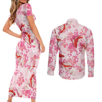 Pink Palaka Hawaii Aloha Couples Matching Short Sleeve Bodycon Dress and Long Sleeve Button Shirt Koi Pond Mix Sakura LT7 - Polynesian Pride