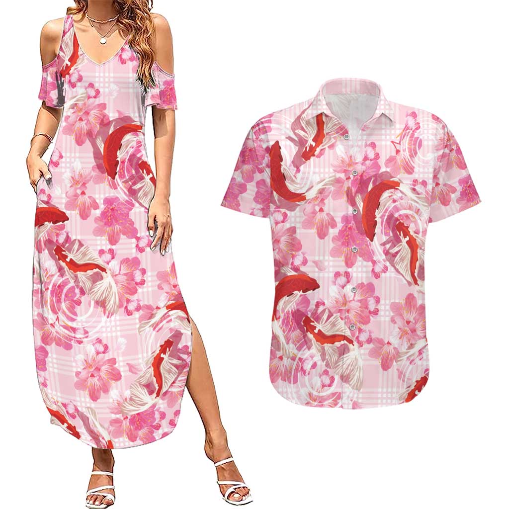 Pink Palaka Hawaii Aloha Couples Matching Summer Maxi Dress and Hawaiian Shirt Koi Pond Mix Sakura LT7 Pink - Polynesian Pride