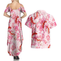 Pink Palaka Hawaii Aloha Couples Matching Summer Maxi Dress and Hawaiian Shirt Koi Pond Mix Sakura LT7 - Polynesian Pride