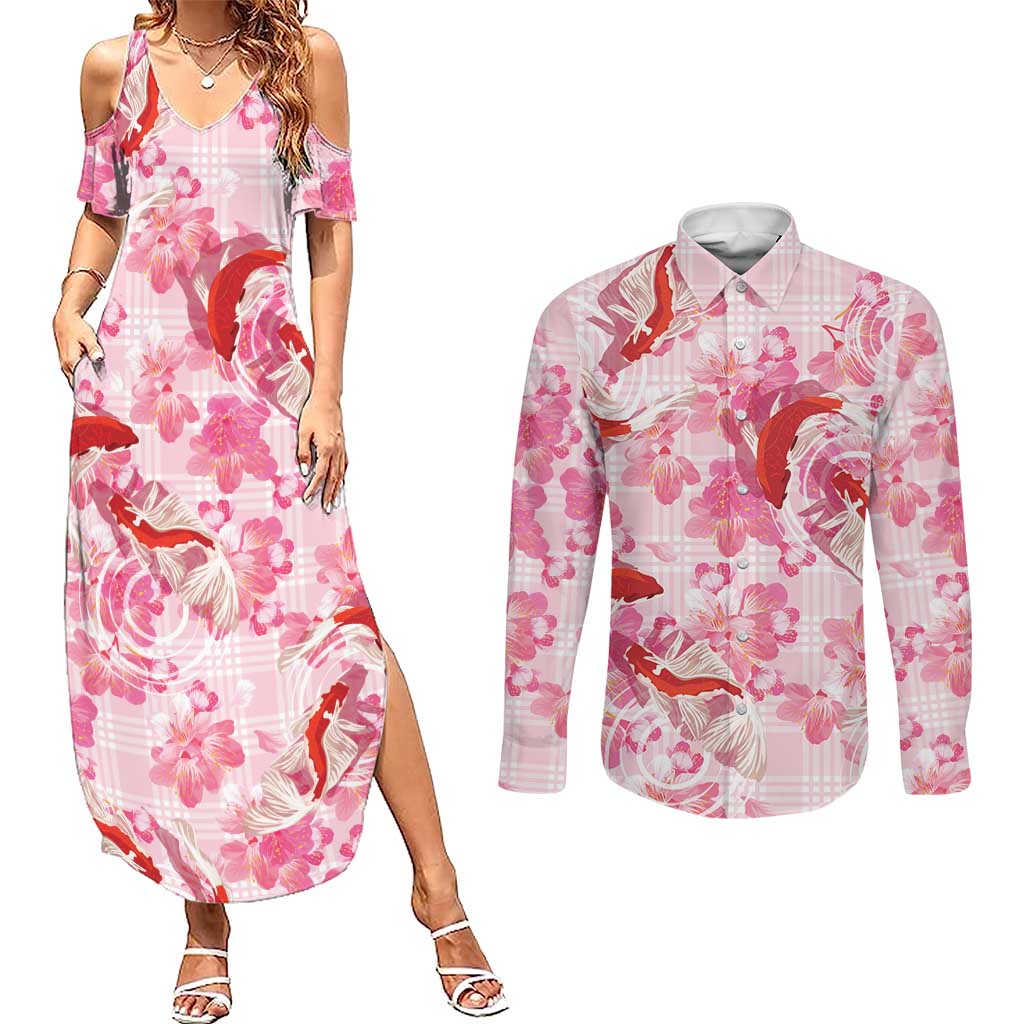 Pink Palaka Hawaii Aloha Couples Matching Summer Maxi Dress and Long Sleeve Button Shirt Koi Pond Mix Sakura - Polynesian Pride