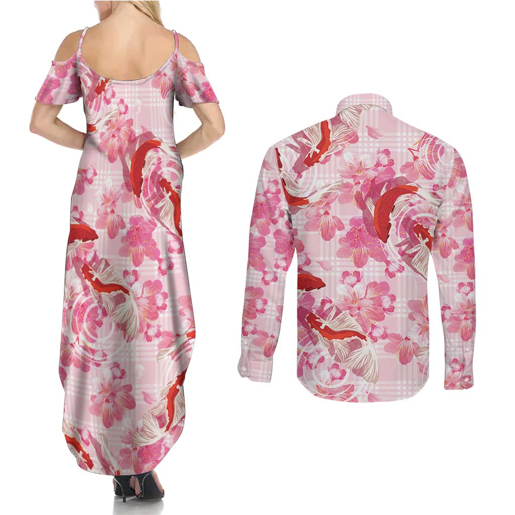 Pink Palaka Hawaii Aloha Couples Matching Summer Maxi Dress and Long Sleeve Button Shirt Koi Pond Mix Sakura - Polynesian Pride