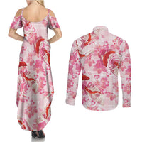 Pink Palaka Hawaii Aloha Couples Matching Summer Maxi Dress and Long Sleeve Button Shirt Koi Pond Mix Sakura - Polynesian Pride