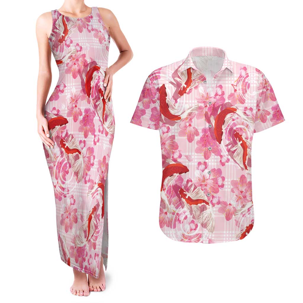 Pink Palaka Hawaii Aloha Couples Matching Tank Maxi Dress and Hawaiian Shirt Koi Pond Mix Sakura LT7 Pink - Polynesian Pride