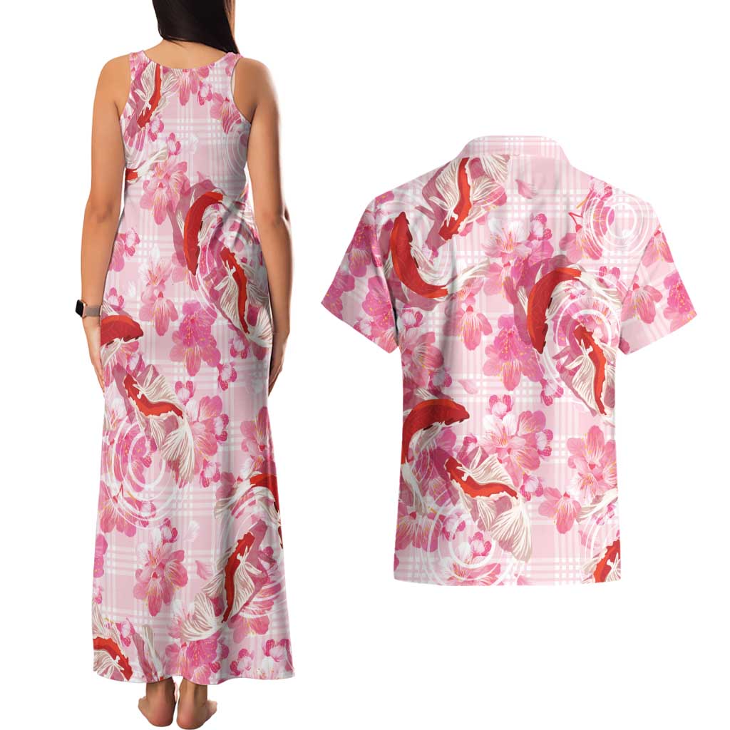 Pink Palaka Hawaii Aloha Couples Matching Tank Maxi Dress and Hawaiian Shirt Koi Pond Mix Sakura LT7 - Polynesian Pride