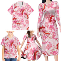 Pink Palaka Hawaii Aloha Family Matching Long Sleeve Bodycon Dress and Hawaiian Shirt Koi Pond Mix Sakura LT7 - Polynesian Pride