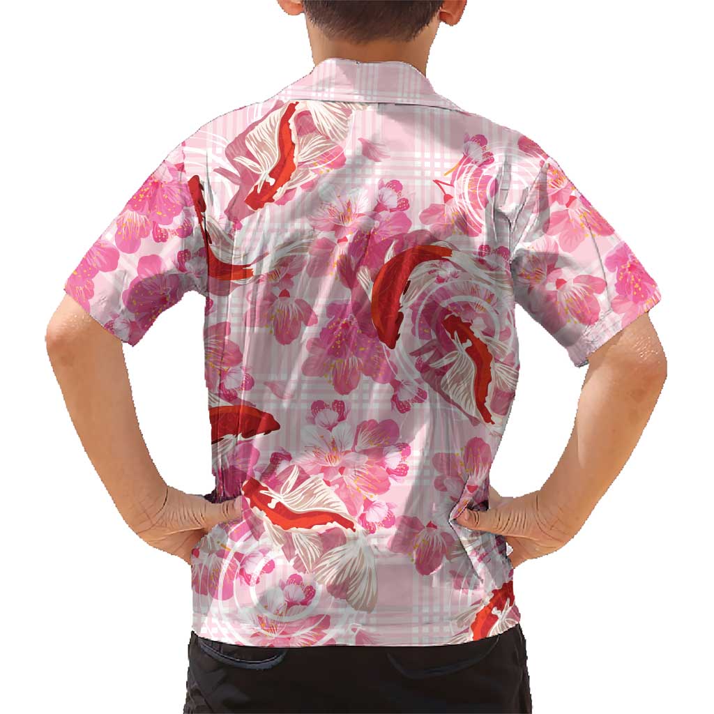 Pink Palaka Hawaii Aloha Family Matching Off The Shoulder Long Sleeve Dress and Hawaiian Shirt Koi Pond Mix Sakura LT7 - Polynesian Pride