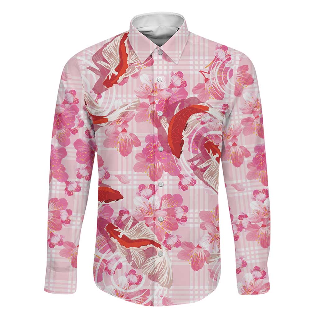 Pink Palaka Hawaii Aloha Family Matching Off The Shoulder Long Sleeve Dress and Hawaiian Shirt Koi Pond Mix Sakura LT7 Dad's Shirt - Long Sleeve Pink - Polynesian Pride