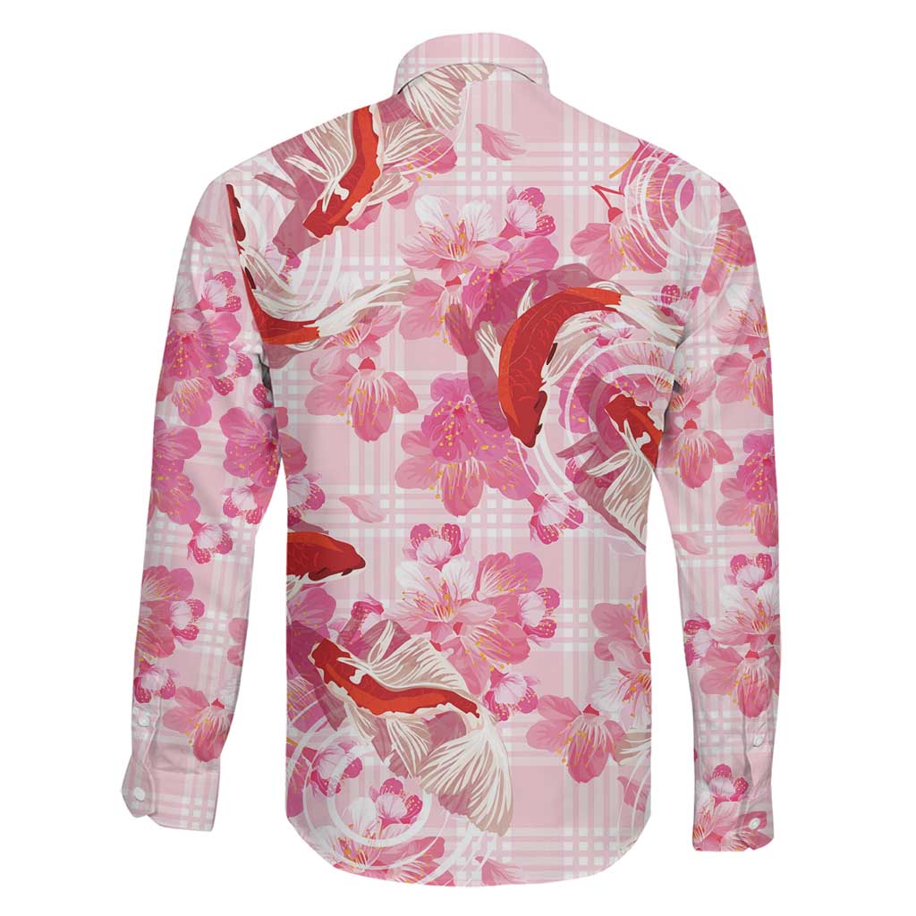 Pink Palaka Hawaii Aloha Family Matching Off The Shoulder Long Sleeve Dress and Hawaiian Shirt Koi Pond Mix Sakura LT7 - Polynesian Pride