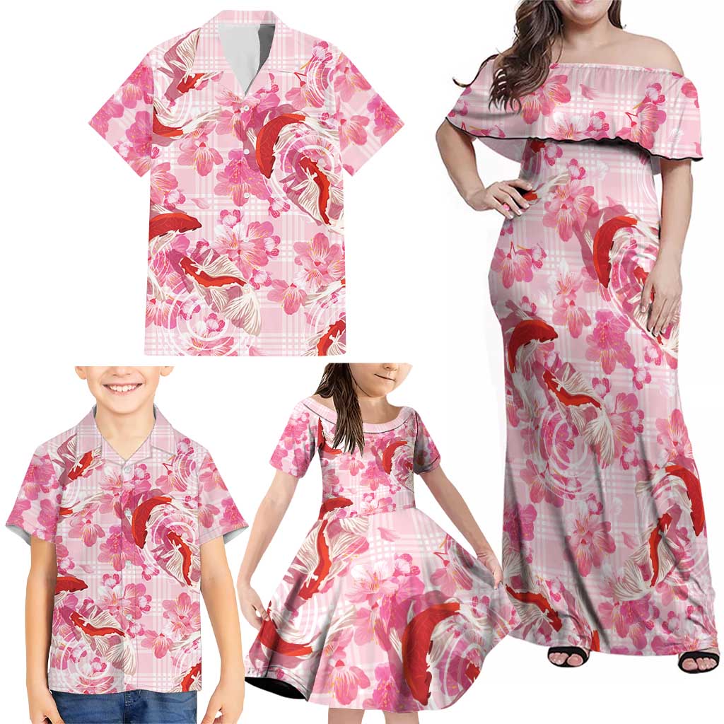Pink Palaka Hawaii Aloha Family Matching Off Shoulder Maxi Dress and Hawaiian Shirt Koi Pond Mix Sakura LT7 - Polynesian Pride