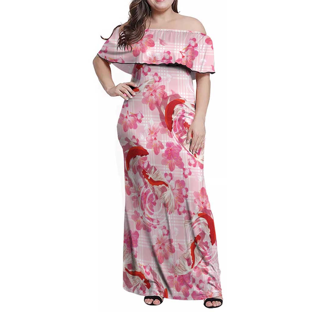 Pink Palaka Hawaii Aloha Family Matching Off Shoulder Maxi Dress and Hawaiian Shirt Koi Pond Mix Sakura LT7 Pink - Polynesian Pride