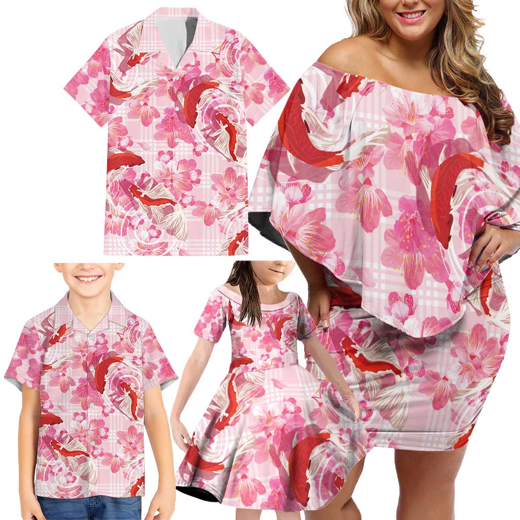 Pink Palaka Hawaii Aloha Family Matching Off Shoulder Short Dress and Hawaiian Shirt Koi Pond Mix Sakura - Polynesian Pride