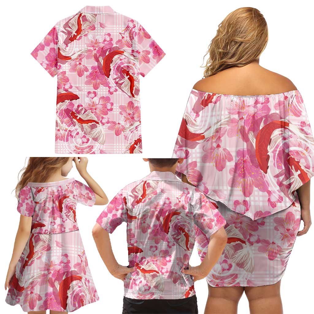 Pink Palaka Hawaii Aloha Family Matching Off Shoulder Short Dress and Hawaiian Shirt Koi Pond Mix Sakura LT7 - Polynesian Pride