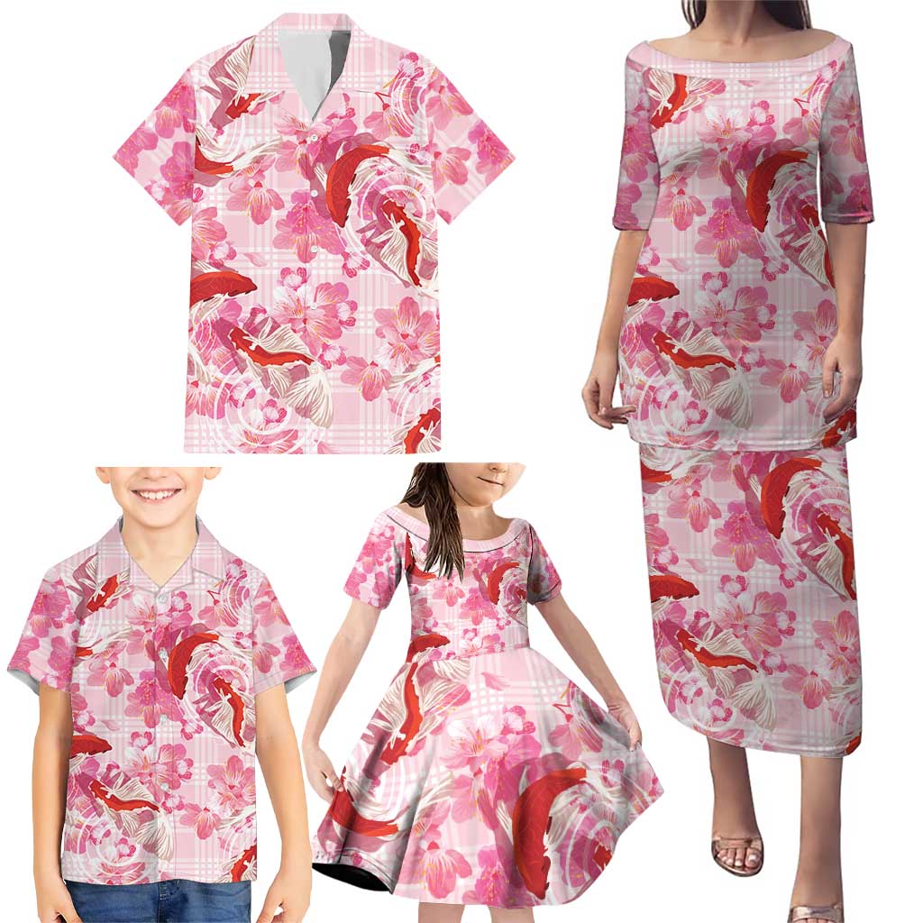 Pink Palaka Hawaii Aloha Family Matching Puletasi and Hawaiian Shirt Koi Pond Mix Sakura - Polynesian Pride