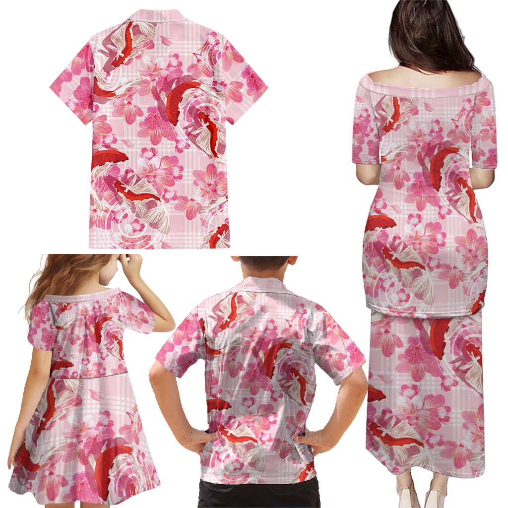 Pink Palaka Hawaii Aloha Family Matching Puletasi and Hawaiian Shirt Koi Pond Mix Sakura LT7 - Polynesian Pride