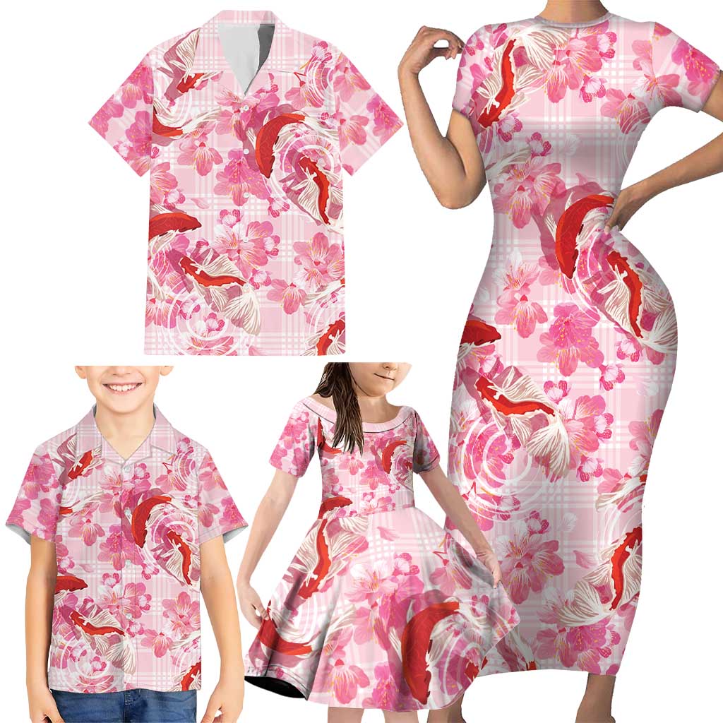 Pink Palaka Hawaii Aloha Family Matching Short Sleeve Bodycon Dress and Hawaiian Shirt Koi Pond Mix Sakura - Polynesian Pride