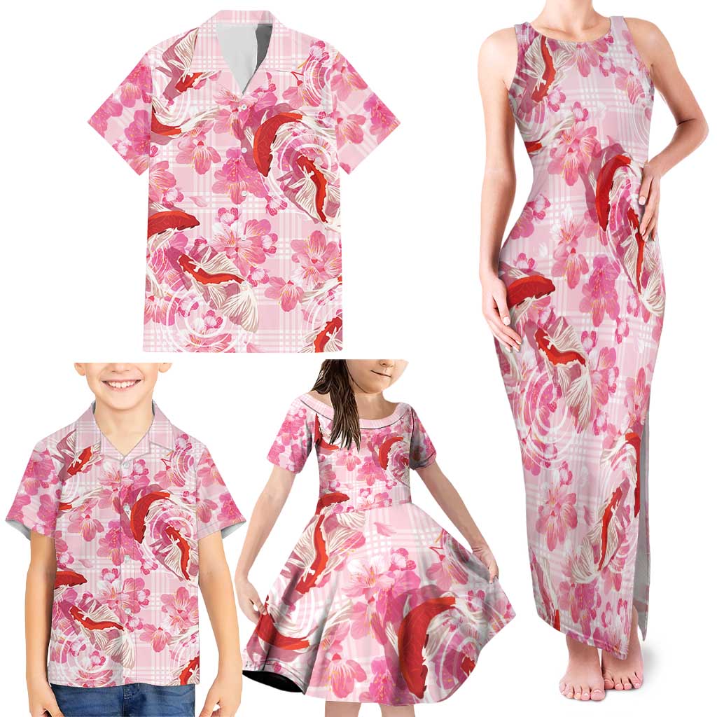 Pink Palaka Hawaii Aloha Family Matching Tank Maxi Dress and Hawaiian Shirt Koi Pond Mix Sakura LT7 - Polynesian Pride