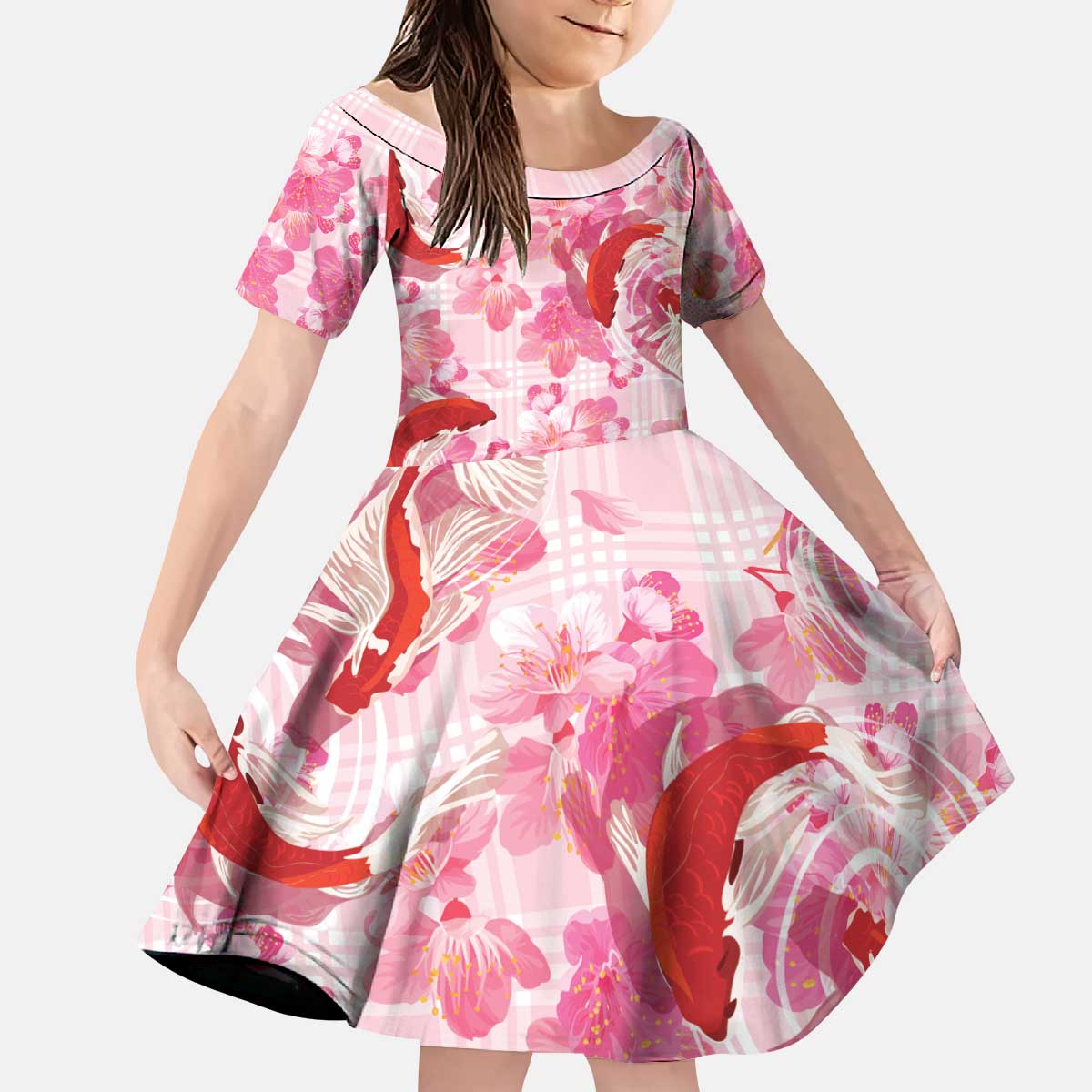 Pink Palaka Hawaii Aloha Kid Short Sleeve Dress Koi Pond Mix Sakura - Polynesian Pride