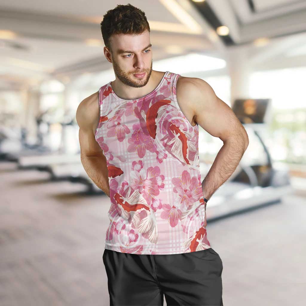 Pink Palaka Hawaii Aloha Men Tank Top Koi Pond Mix Sakura LT7 Pink - Polynesian Pride